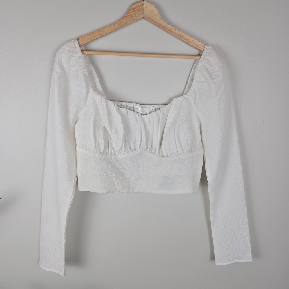 ASTR The Label Cropped Top Large‎ White Textured Smocked Square Neck Long Sleeve
